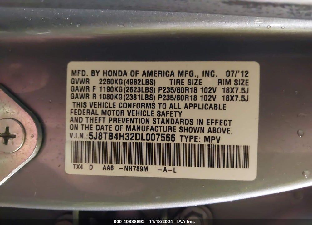 2013 ACURA RDX VIN: 5J8TB4H32DL007566