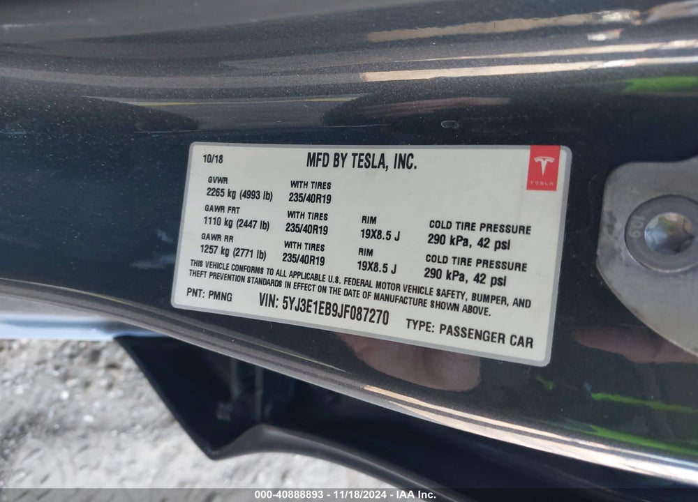 2018 TESLA MODEL 3 LONG RANGE/PERFORMANCE VIN: 5YJ3E1EB9JF087270
