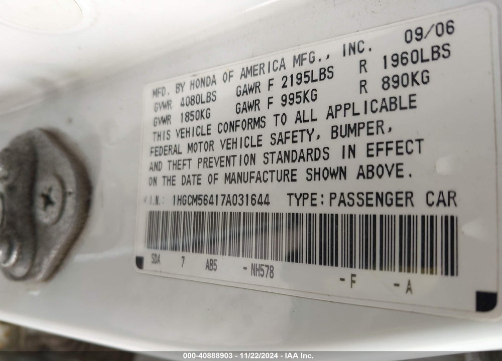 2007 HONDA ACCORD 2.4 LX VIN: 1HGCM56417A031644
