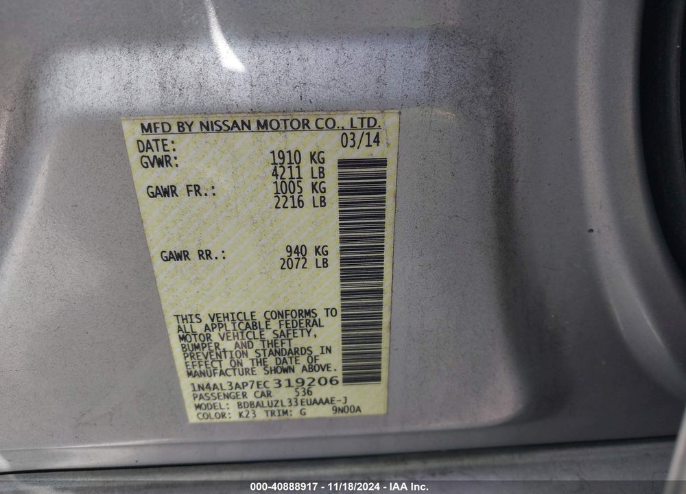 2014 NISSAN ALTIMA 2.5 SV VIN: 1N4AL3AP7EC319206