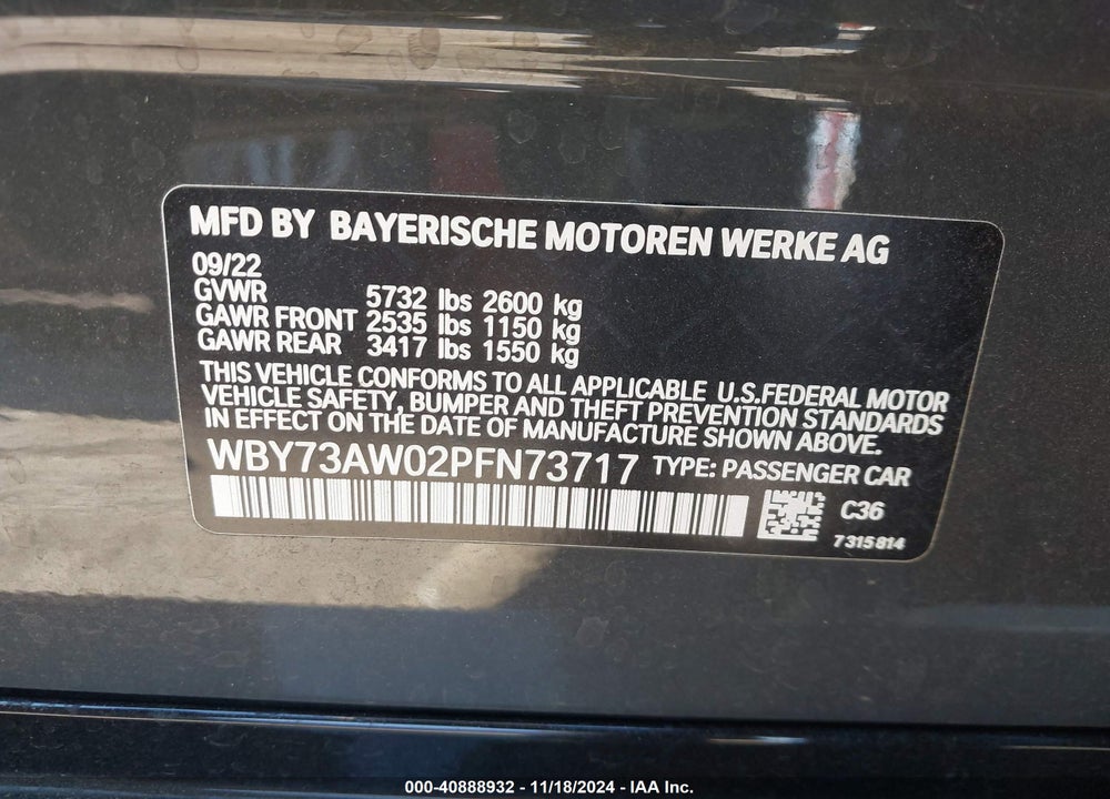 2023 BMW I4 EDRIVE40 VIN: WBY73AW02PFN73717