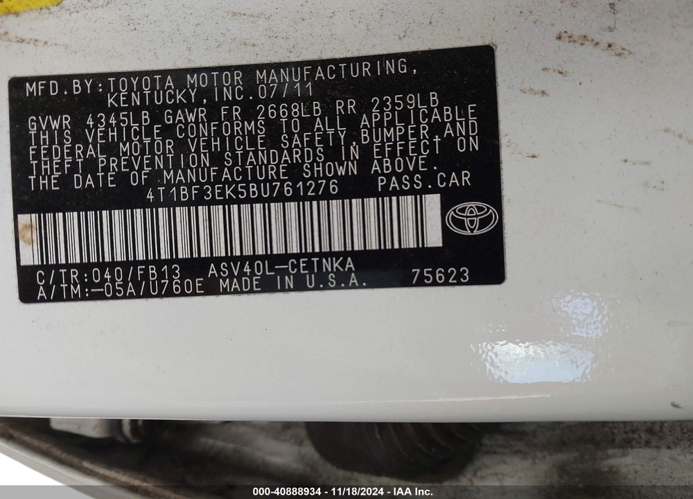 2011 TOYOTA CAMRY VIN: 4T1BF3EK5BU761276
