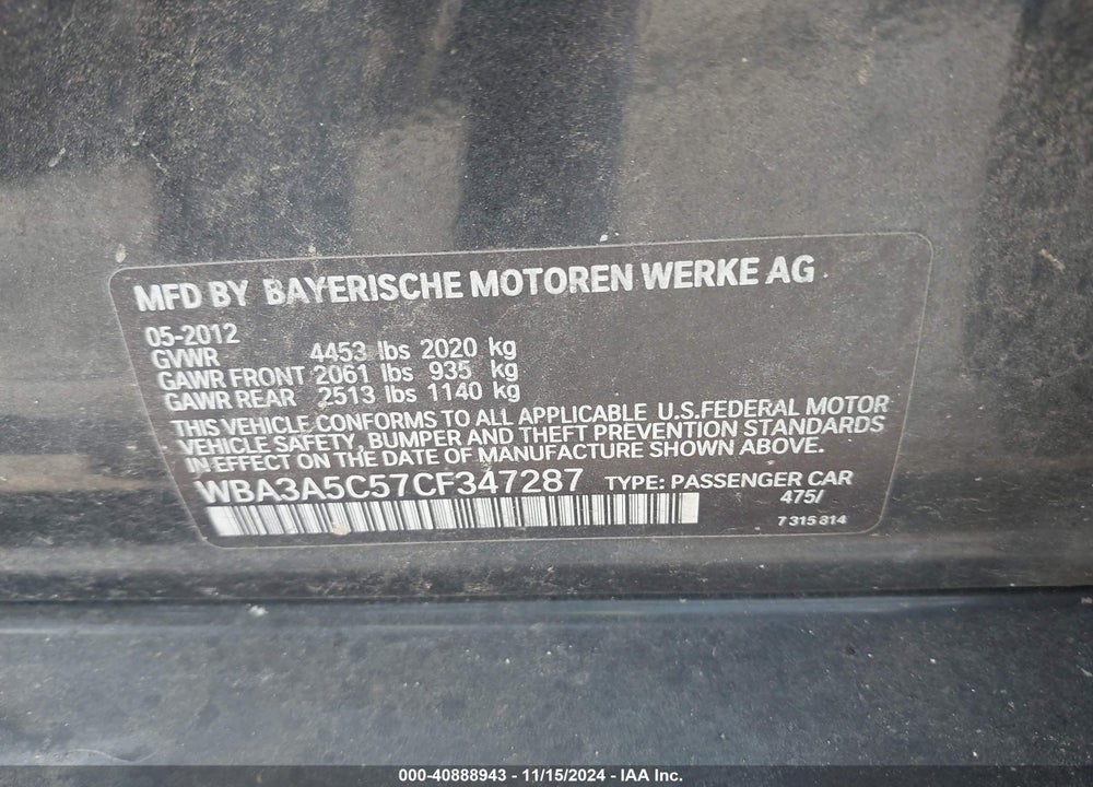 2012 BMW 328I VIN: WBA3A5C57CF347287