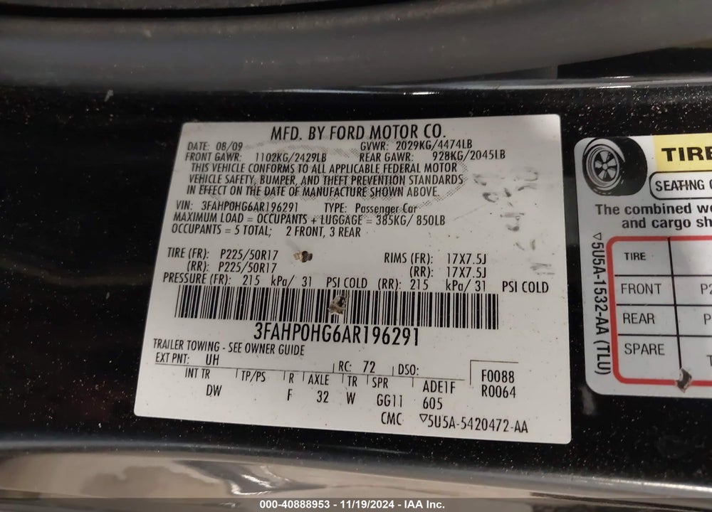 2010 FORD FUSION SE VIN: 3FAHP0HG6AR196291