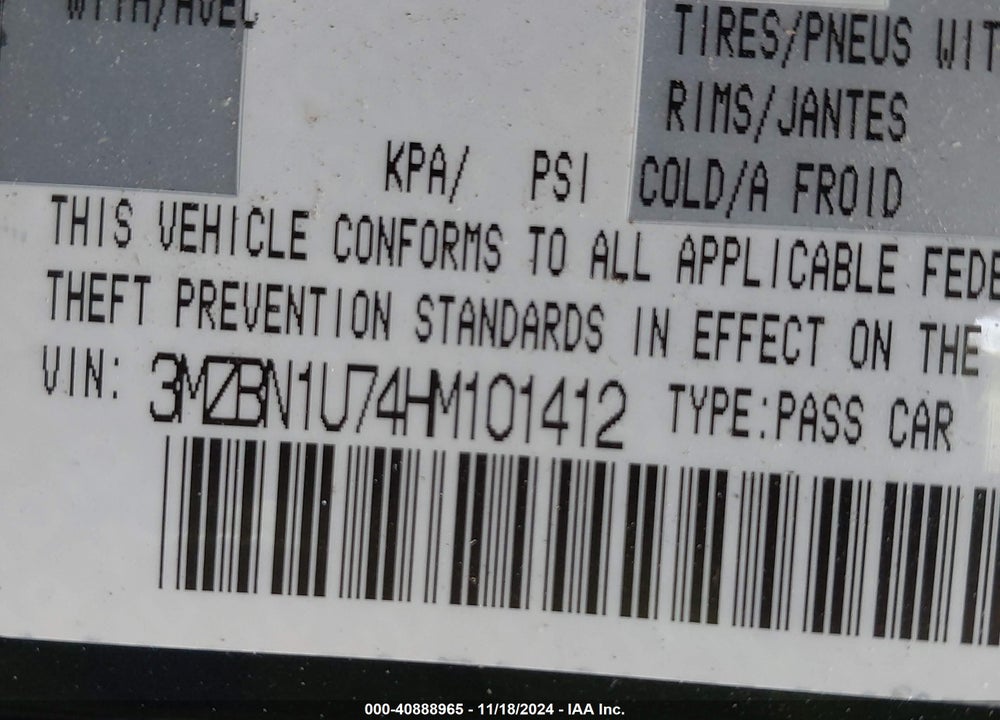 2017 MAZDA MAZDA3 VIN: 3MZBN1U74HM101412