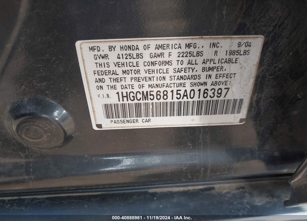 2005 HONDA ACCORD 2.4 EX VIN: 1HGCM56815A016397