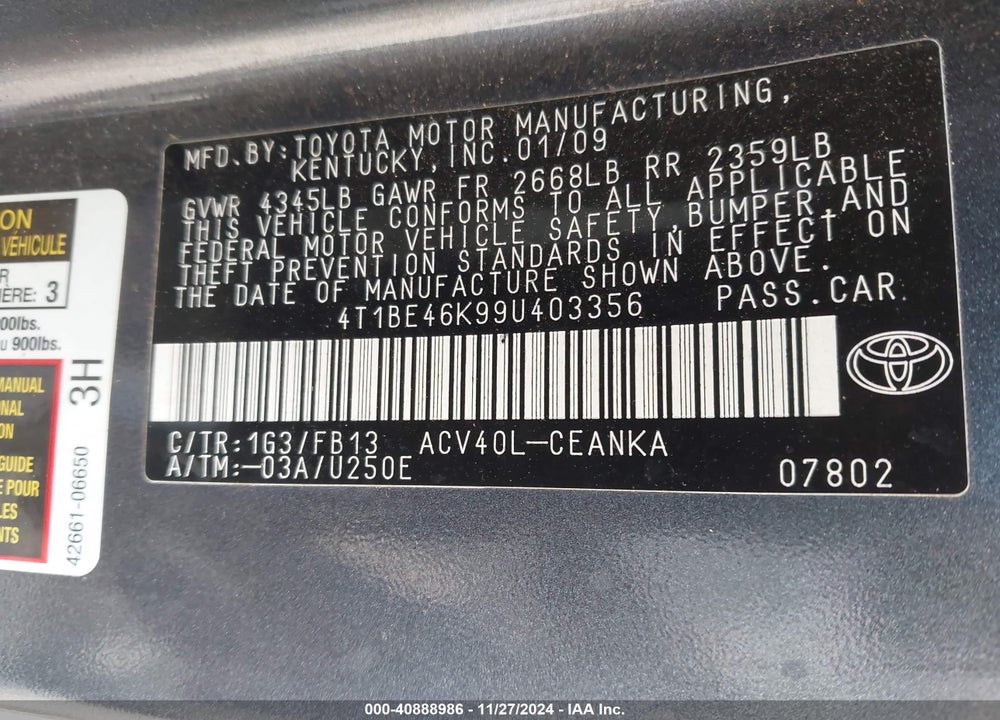2009 TOYOTA CAMRY LE VIN: 4T1BE46K99U403356