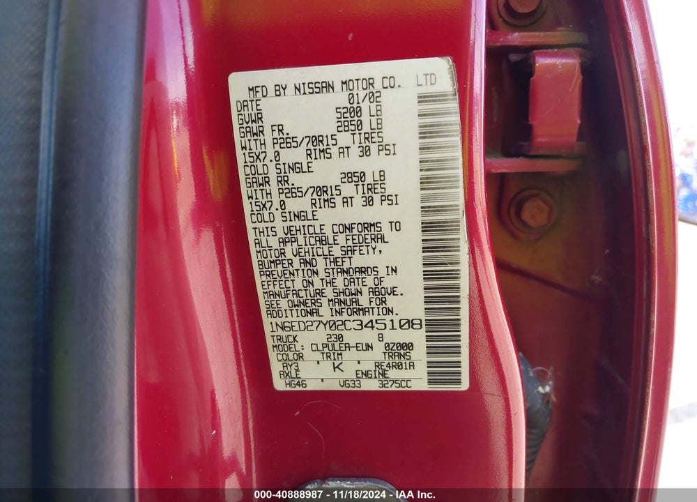 2002 NISSAN FRONTIER XE-V6 VIN: 1N6ED27Y02C345108