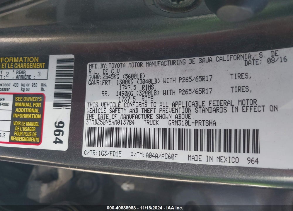 2017 TOYOTA TACOMA TRD SPORT VIN: 3TMDZ5BN5HM013784