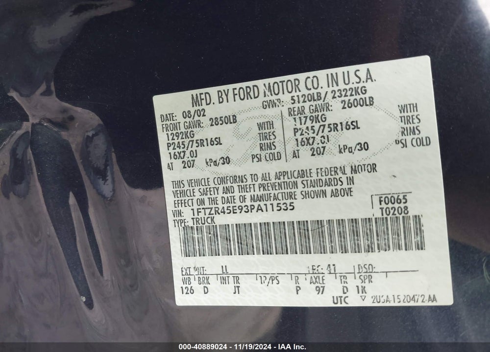 2003 FORD RANGER EDGE/XLT/XLT FX4 OFF-ROAD VIN: 1FTZR45E93PA11535