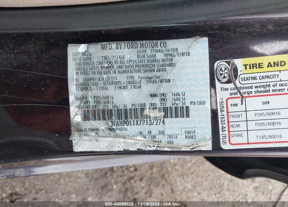 2007 FORD FUSION SE VIN: 3FAHP011X7R137274