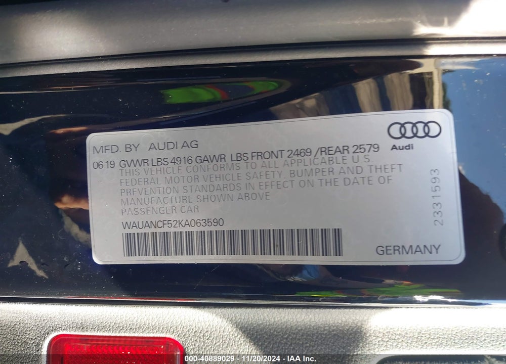 2019 AUDI A5 45 PREMIUM VIN: WAUANCF52KA063590