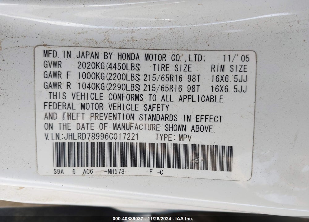 2006 HONDA CR-V SE VIN: JHLRD78996C017221