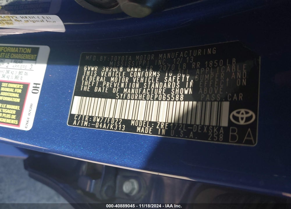 2014 TOYOTA COROLLA S PLUS VIN: 5YFBURHE0EP065588