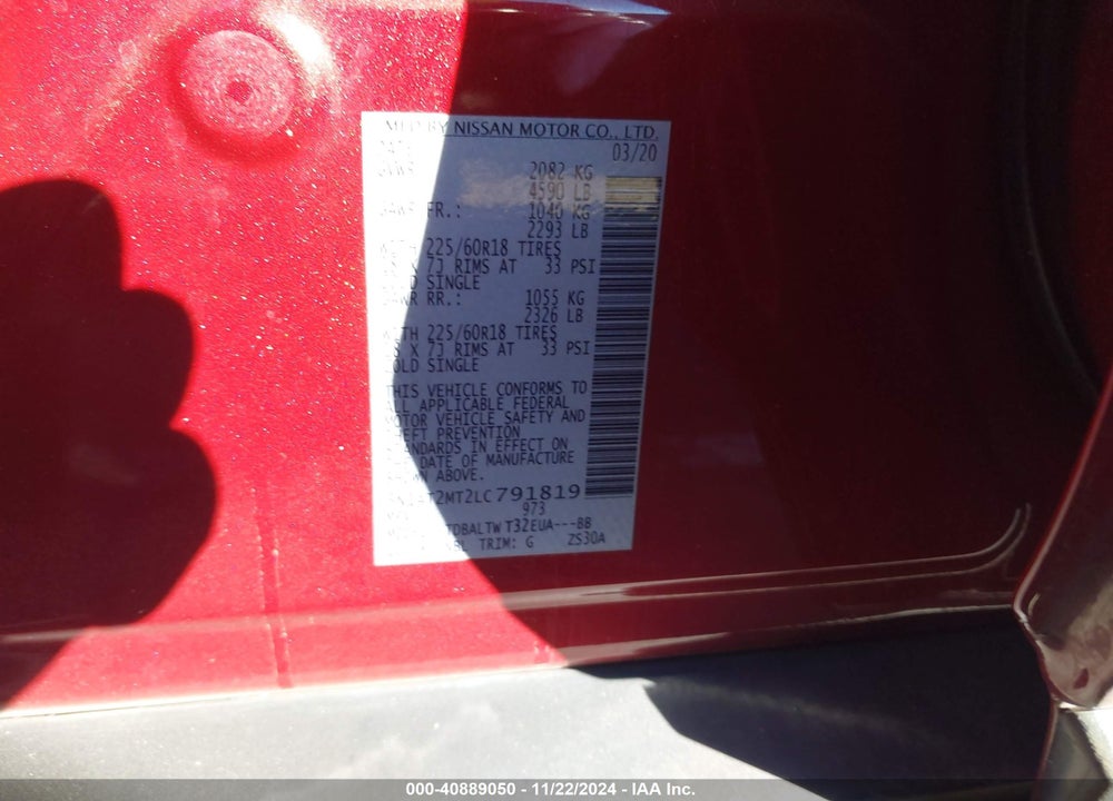 2020 NISSAN ROGUE SV FWD VIN: 5N1AT2MT2LC791819