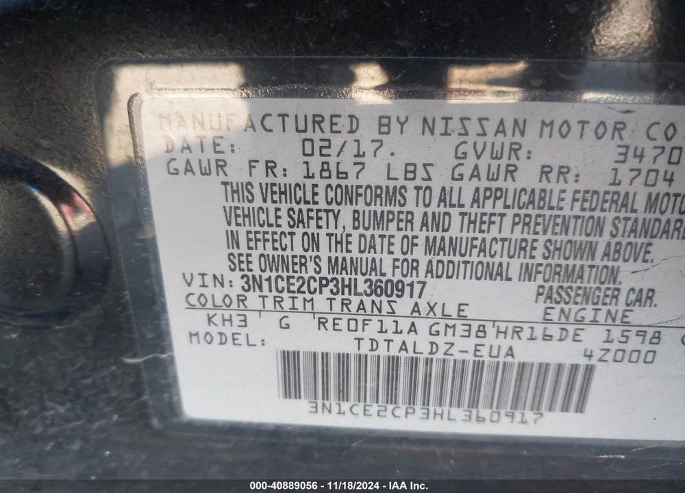 2017 NISSAN VERSA NOTE SV VIN: 3N1CE2CP3HL360917