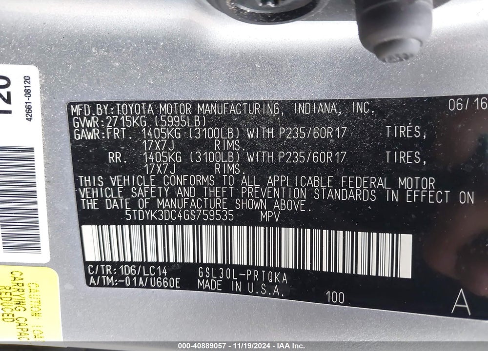 2016 TOYOTA SIENNA XLE LIMITED VIN: 5TDYK3DC4GS759535