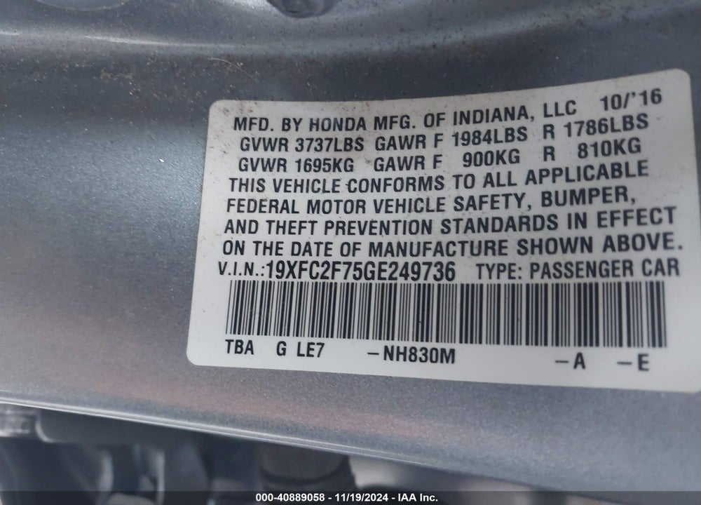 2016 HONDA CIVIC EX VIN: 19XFC2F75GE249736
