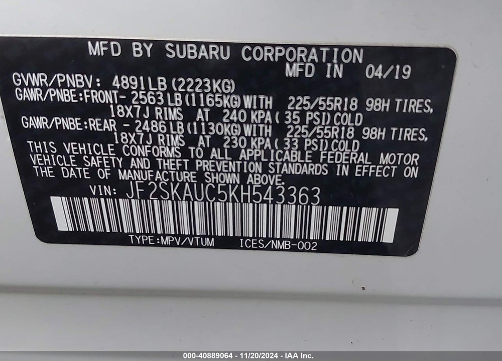 2019 SUBARU FORESTER LIMITED VIN: JF2SKAUC5KH543363
