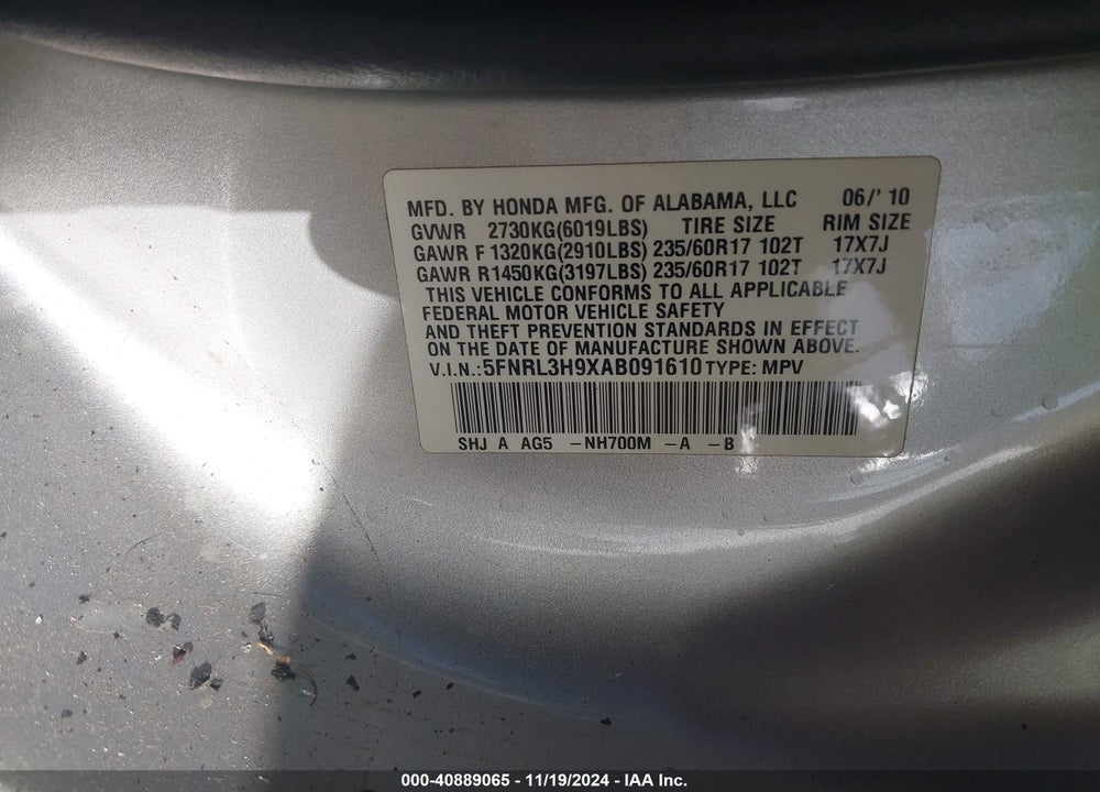 2010 HONDA ODYSSEY TOURING VIN: 5FNRL3H9XAB091610