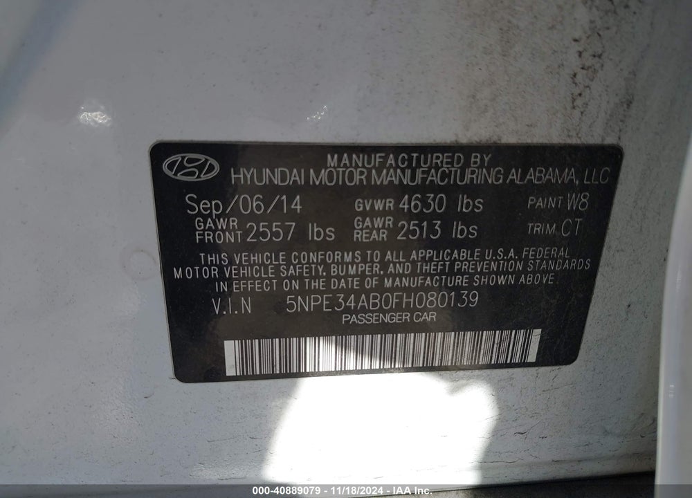 2015 HYUNDAI SONATA SPORT 2.0T VIN: 5NPE34AB0FH080139