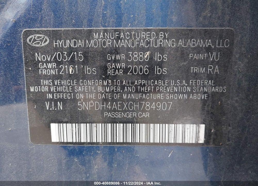 2016 HYUNDAI ELANTRA SE VIN: 5NPDH4AEXGH784907