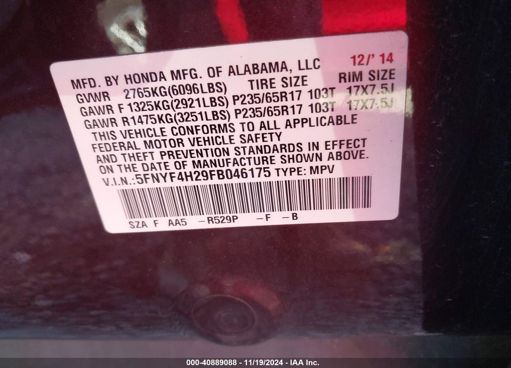 2015 HONDA PILOT LX VIN: 5FNYF4H29FB046175