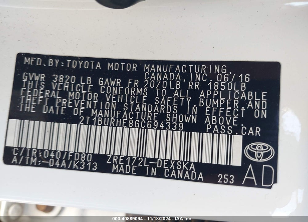 2016 TOYOTA COROLLA S PLUS VIN: 2T1BURHE8GC694339