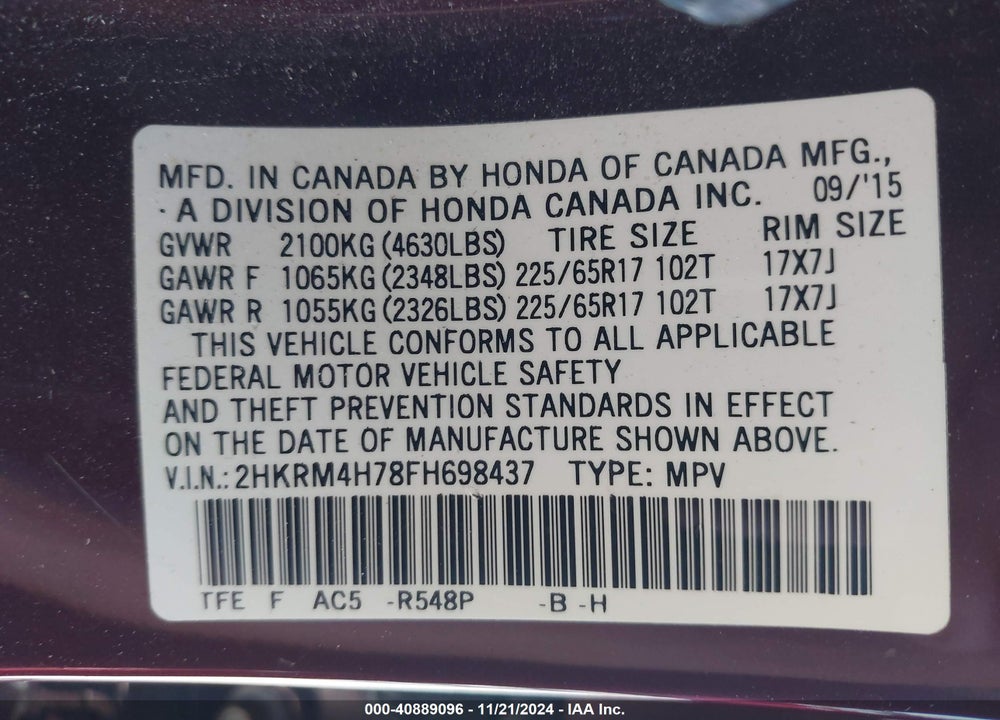2015 HONDA CR-V EX-L VIN: 2HKRM4H78FH698437