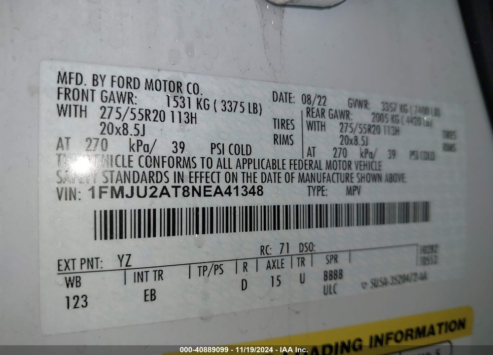 2022 FORD EXPEDITION LIMITED VIN: 1FMJU2AT8NEA41348