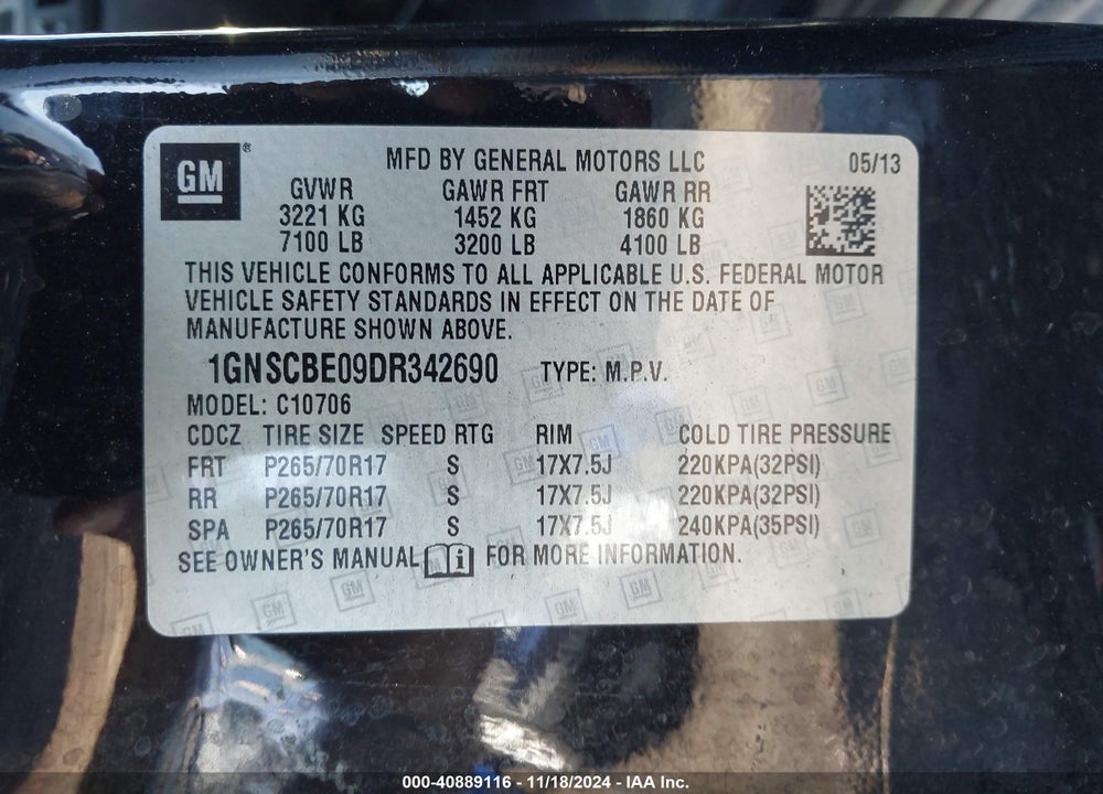 2013 CHEVROLET TAHOE LT VIN: 1GNSCBE09DR342690