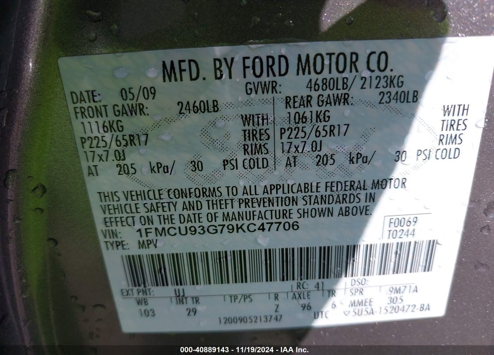 2009 FORD ESCAPE XLT VIN: 1FMCU93G79KC47706