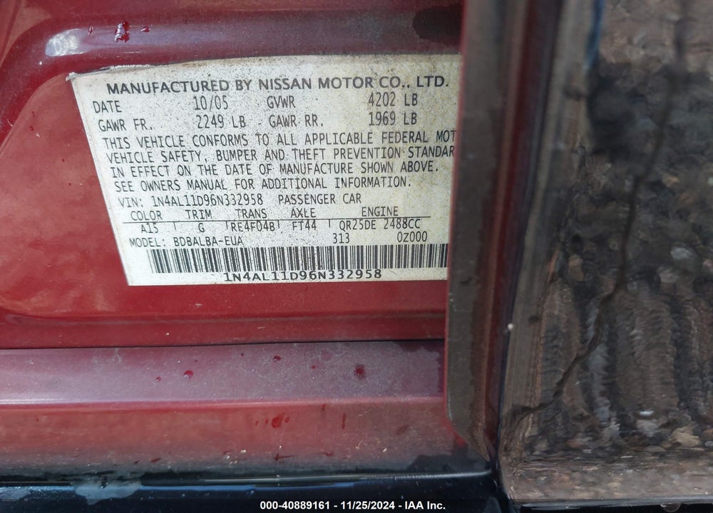 2006 NISSAN ALTIMA 2.5 S VIN: 1N4AL11D96N332958