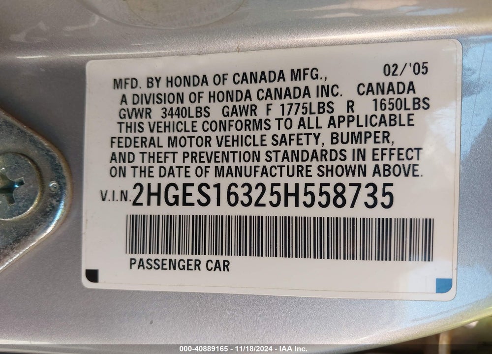 2005 HONDA CIVIC VP VIN: 2HGES16325H558735
