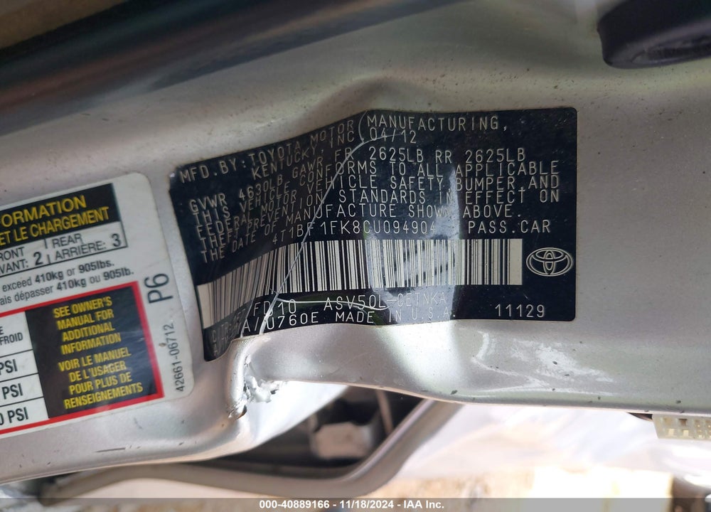 2012 TOYOTA CAMRY LE VIN: 4T1BF1FK8CU094904
