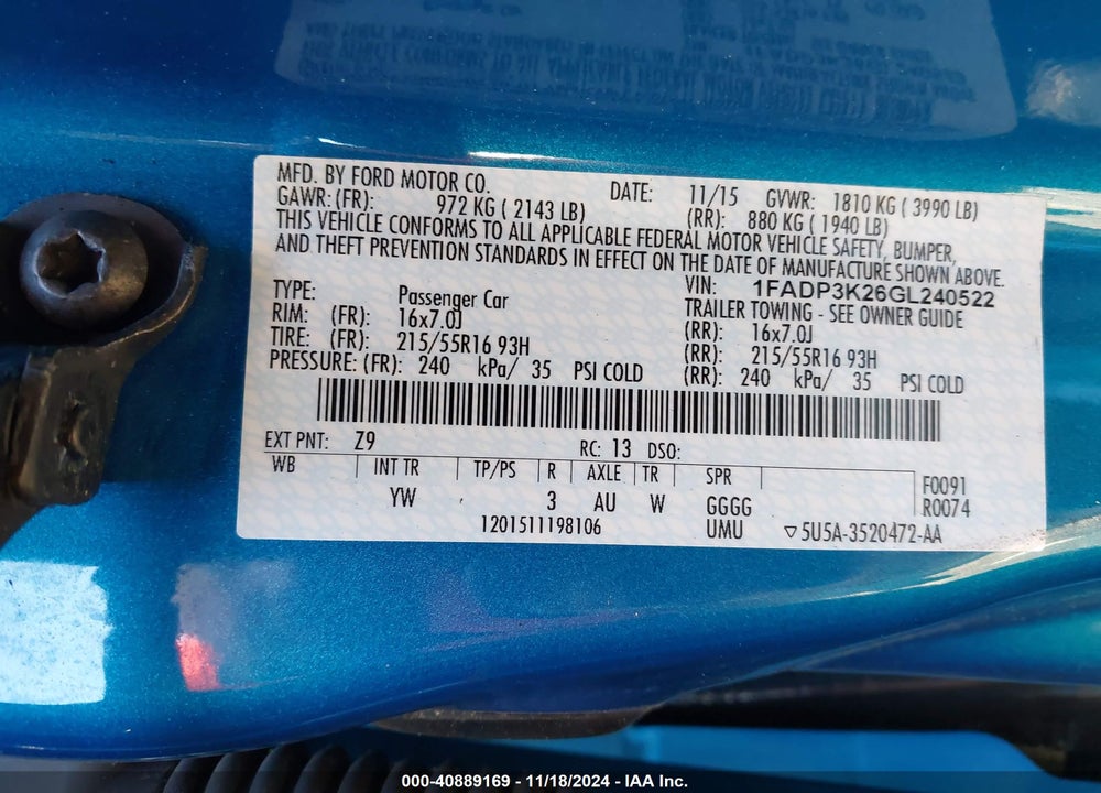 2016 FORD FOCUS SE VIN: 1FADP3K26GL240522