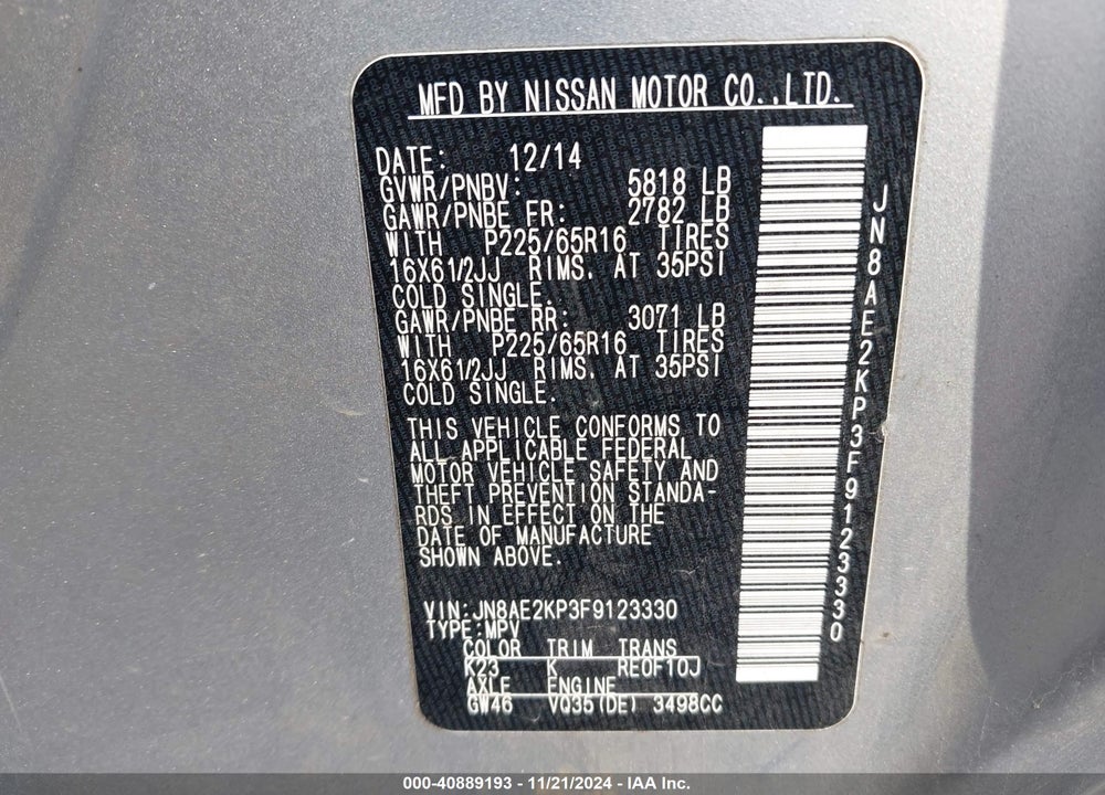 2015 NISSAN QUEST PLATINUM/S/SL/SV VIN: JN8AE2KP3F9123330