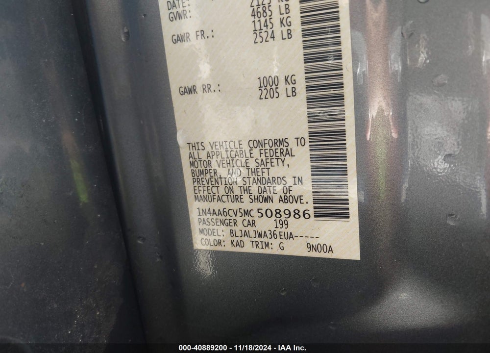 2021 NISSAN MAXIMA SV XTRONIC CVT VIN: 1N4AA6CV5MC508986