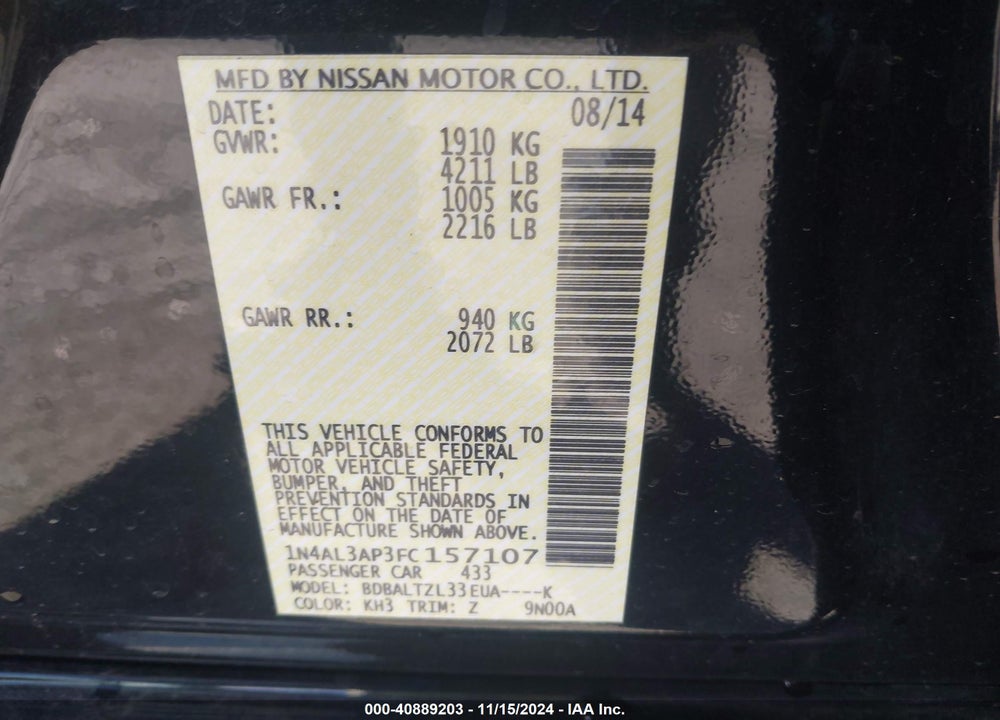 2015 NISSAN ALTIMA 2.5 SL VIN: 1N4AL3AP3FC157107