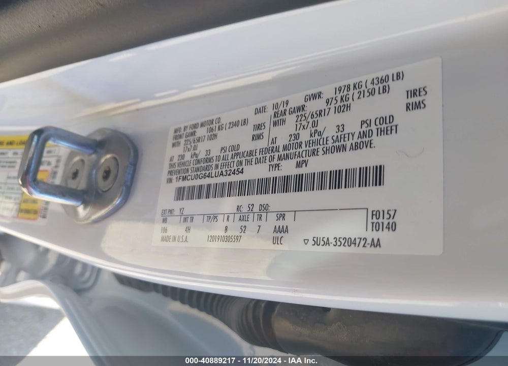 2020 FORD ESCAPE SE VIN: 1FMCU0G64LUA32454