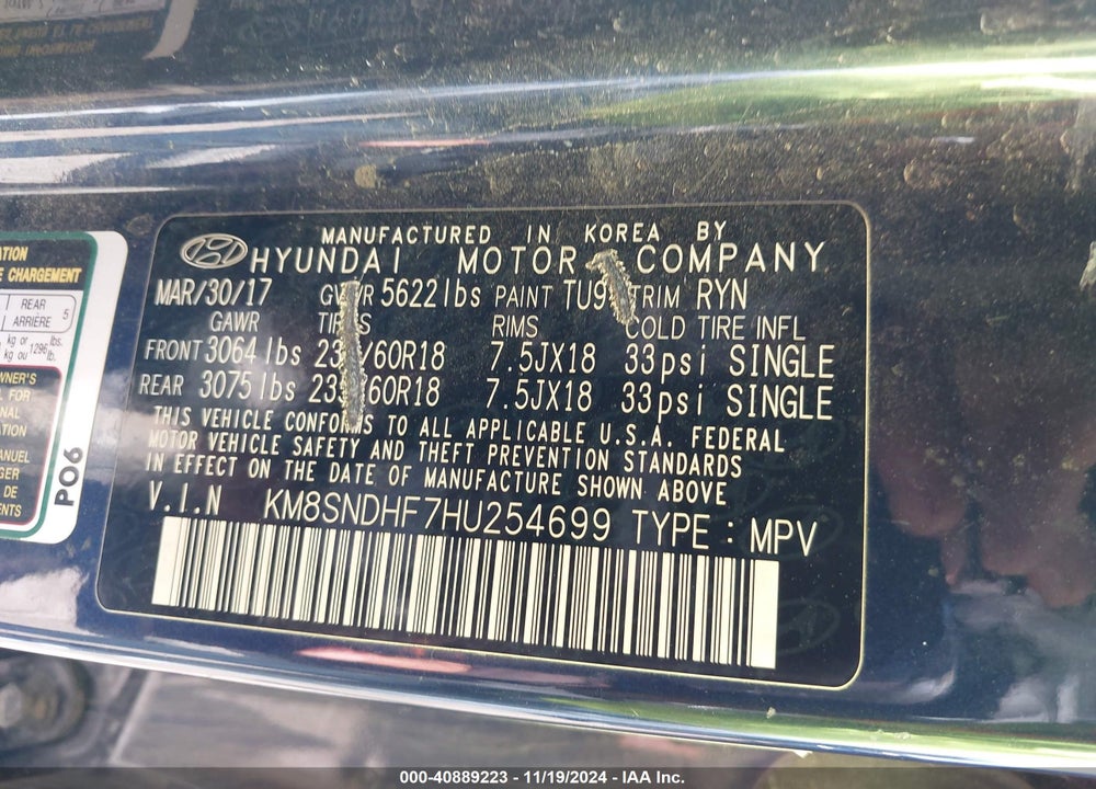 2017 HYUNDAI SANTA FE SE VIN: KM8SNDHF7HU254699