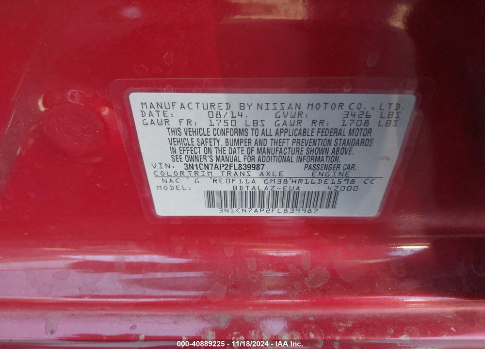 2015 NISSAN VERSA 1.6 S+ VIN: 3N1CN7AP2FL839987