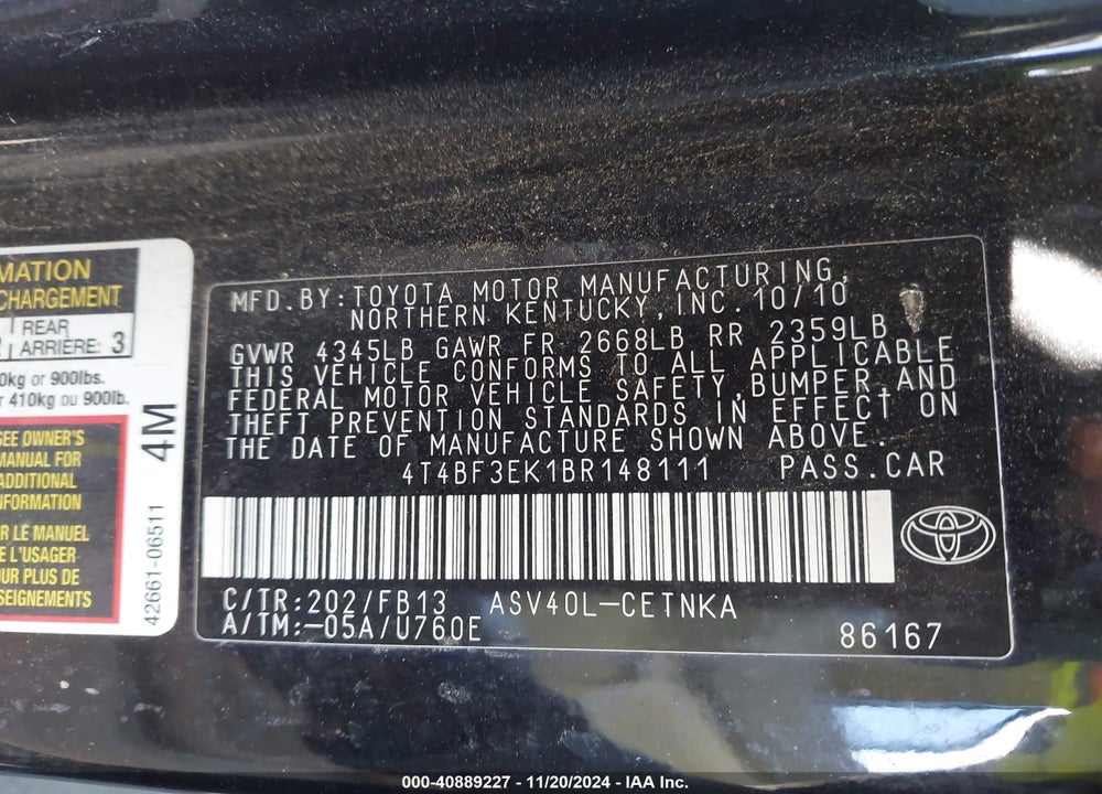 2011 TOYOTA CAMRY LE VIN: 4T4BF3EK1BR148111