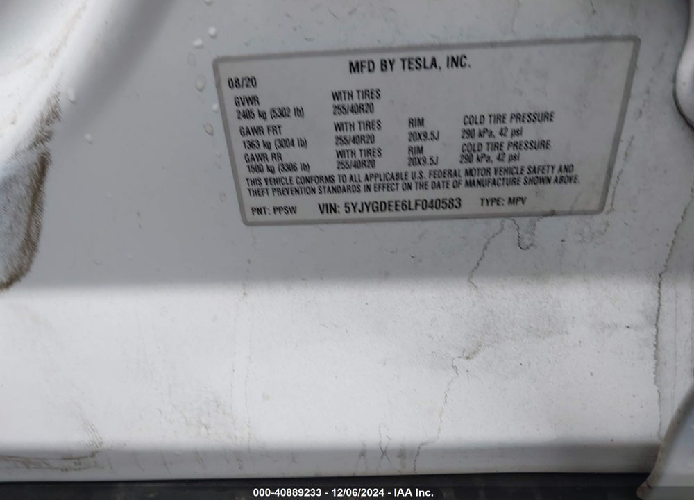 2020 TESLA MODEL Y LONG RANGE DUAL MOTOR ALL-WHEEL DRIVE VIN: 5YJYGDEE6LF040583