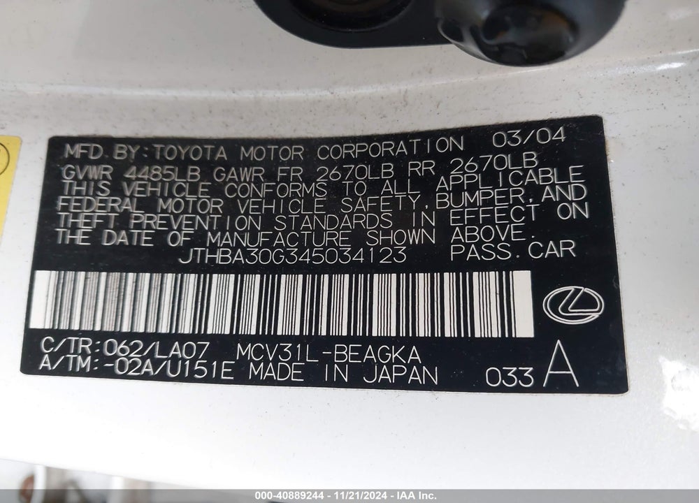 2004 LEXUS ES 330 VIN: JTHBA30G345034123