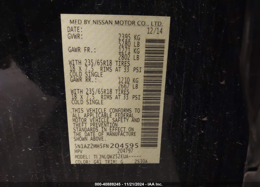 2015 NISSAN MURANO SV VIN: 5N1AZ2MH5FN204595