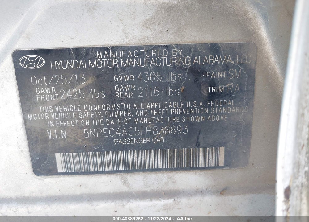2014 HYUNDAI SONATA LIMITED VIN: 5NPEC4AC5EH838693