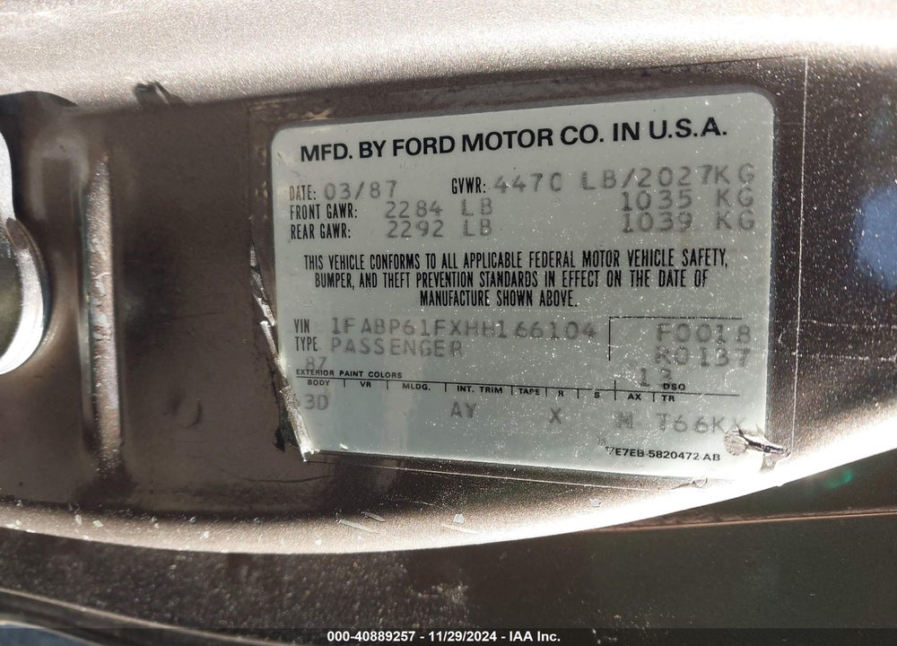 1987 FORD THUNDERBIRD SPORT VIN: 1FABP61FXHH166104