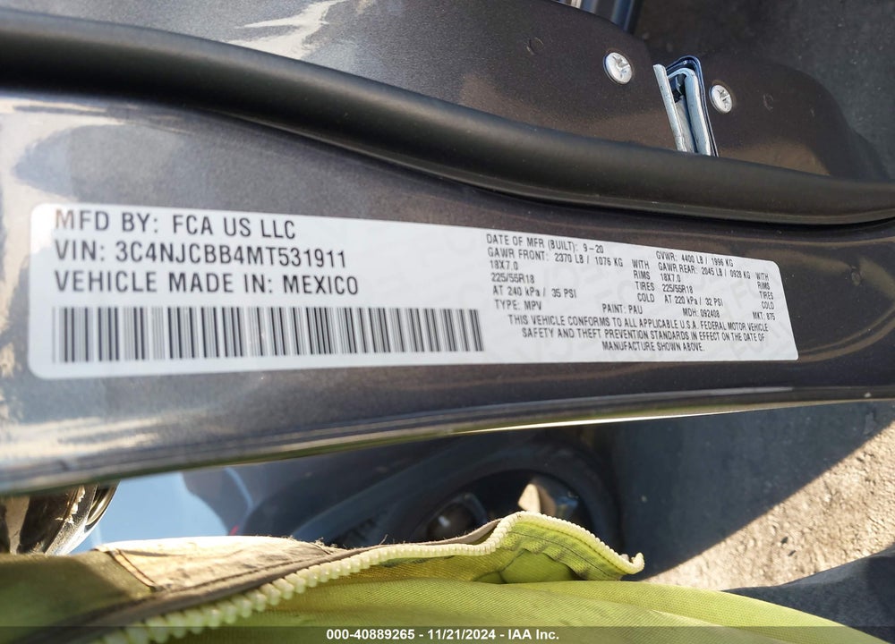 2021 JEEP COMPASS ALTITUDE FWD VIN: 3C4NJCBB4MT531911