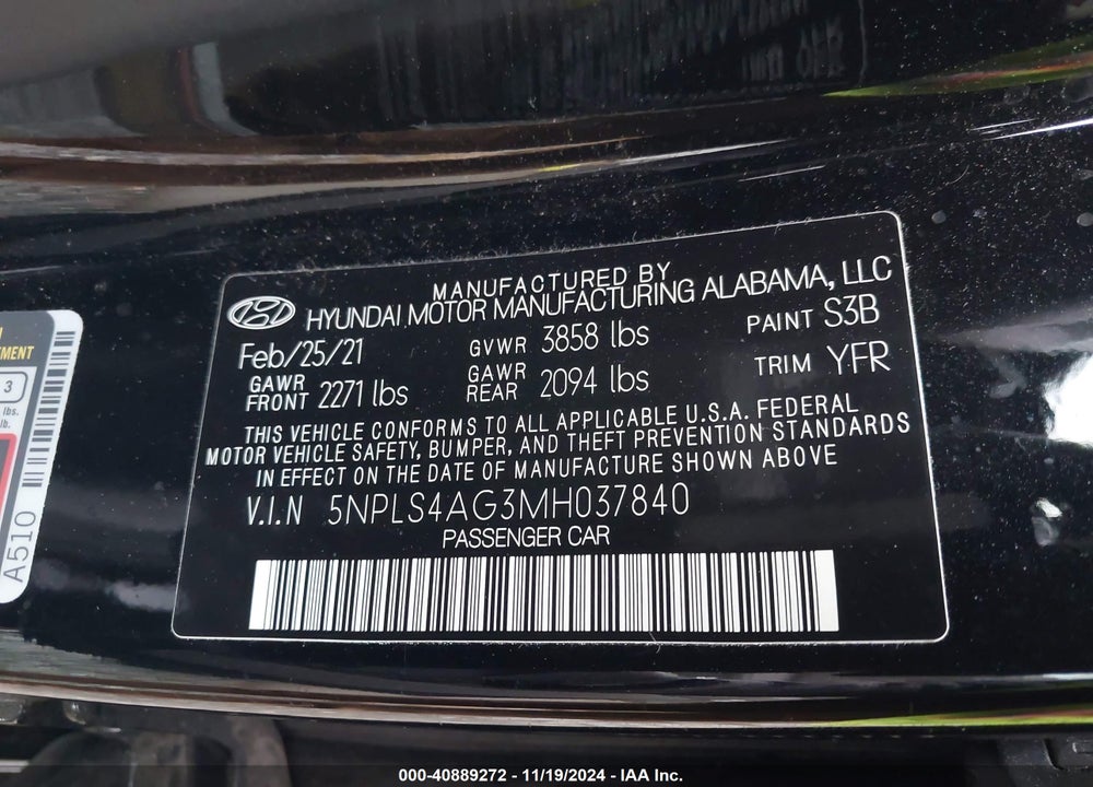 2021 HYUNDAI ELANTRA SEL VIN: 5NPLS4AG3MH037840
